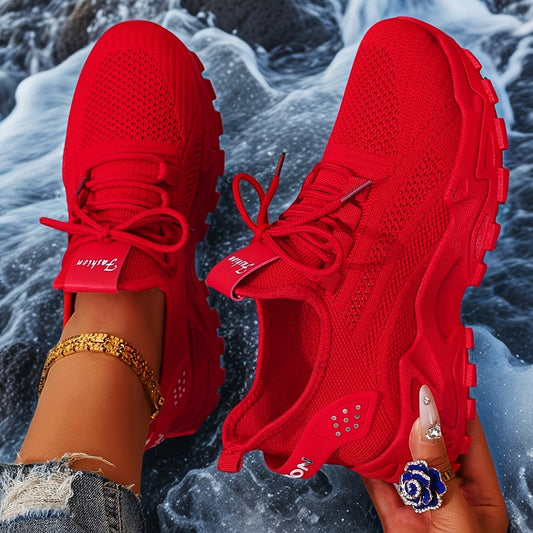 Plus Size Women's Lightweight Breathable Fabric Casual Sneakers - Stability Support Soft PU Sole, Vibrant Red All-Season Walking Shoes for