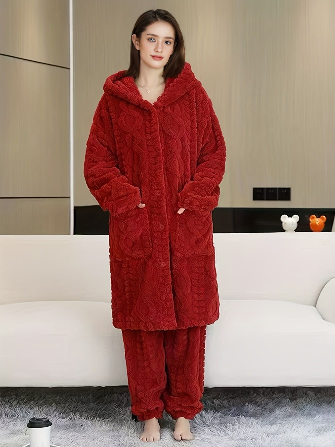 Thick Flannel Pajama Set for Women & Men - Winter Hooded Thermal Sleepwear with Front Button Placket