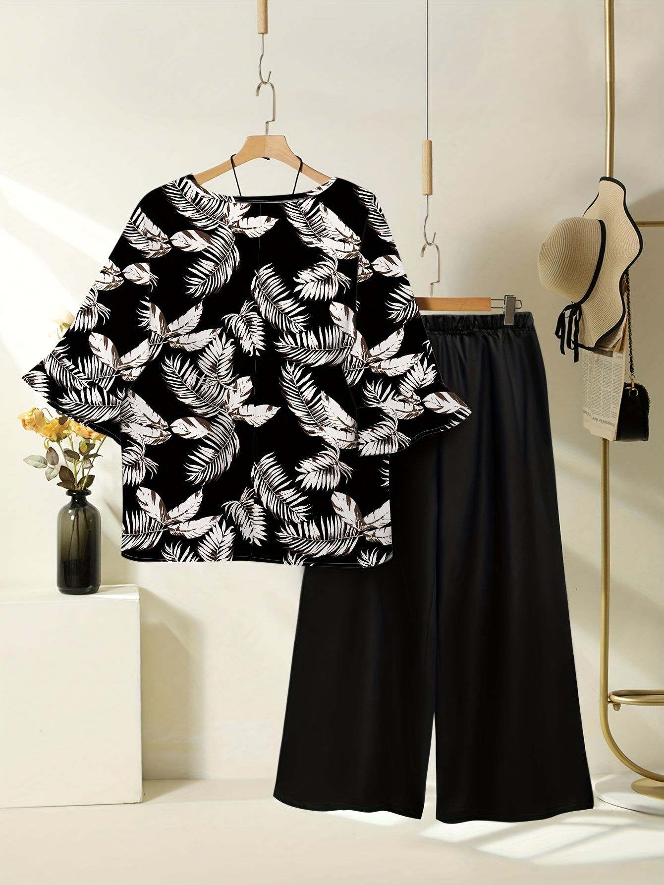 Women's Spring/Summer Floral Print Short Sleeve Top + Solid Color Elastic Waist Loose Wide Leg Pants