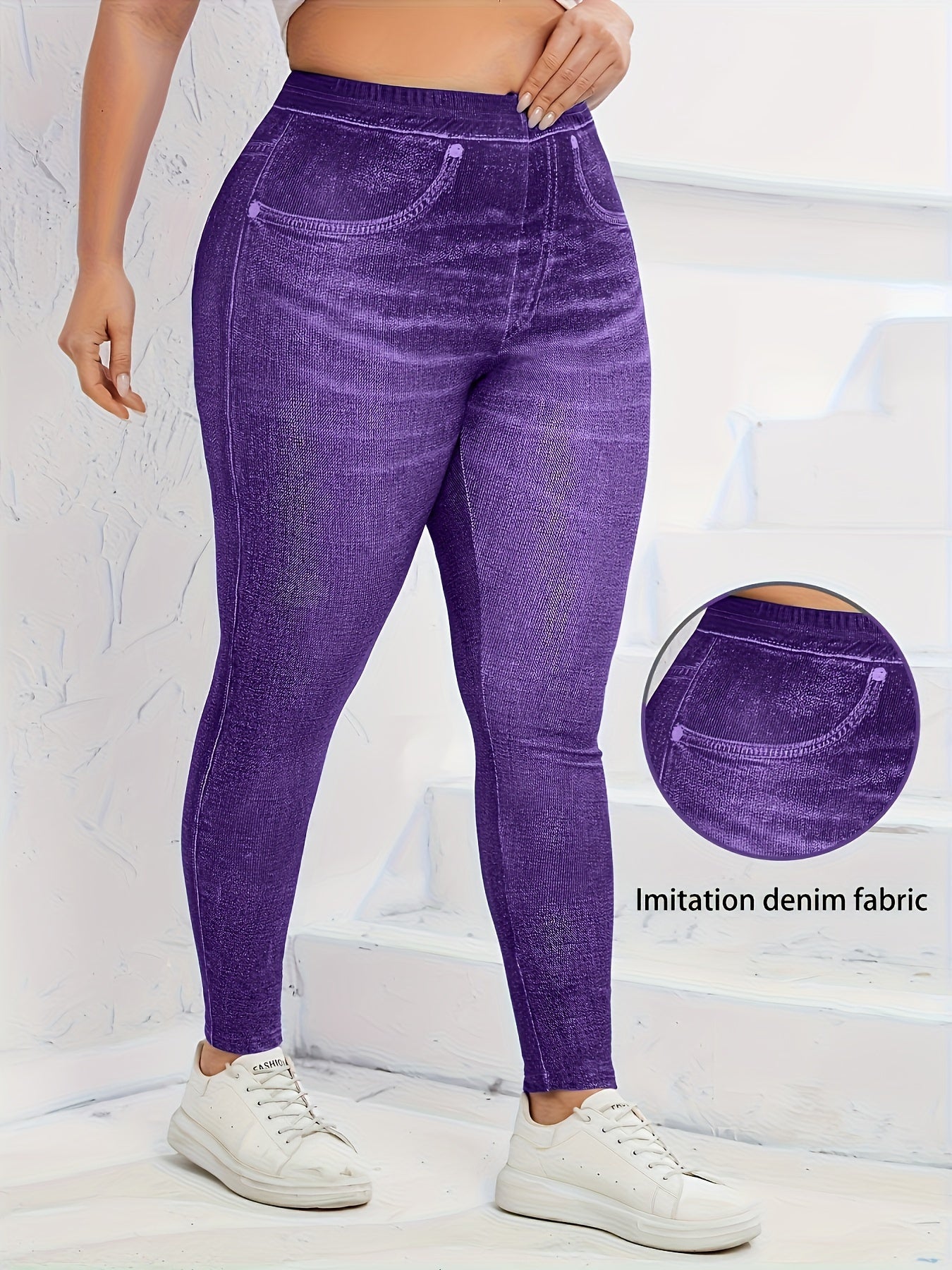 Plus Size Faux Denim Leggings - Ultra-Comfy High Waist Stretchy Design