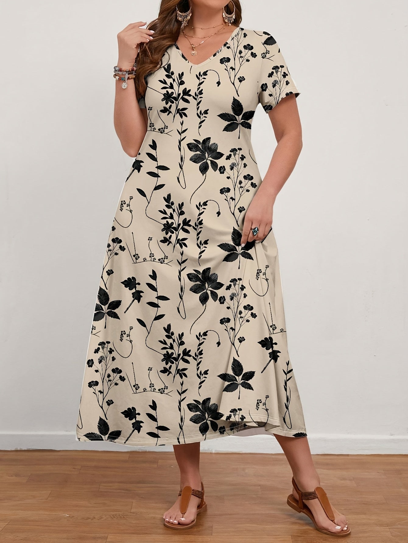 Women's Casual Vintage Floral Print V-Neck Short Sleeve Dress
