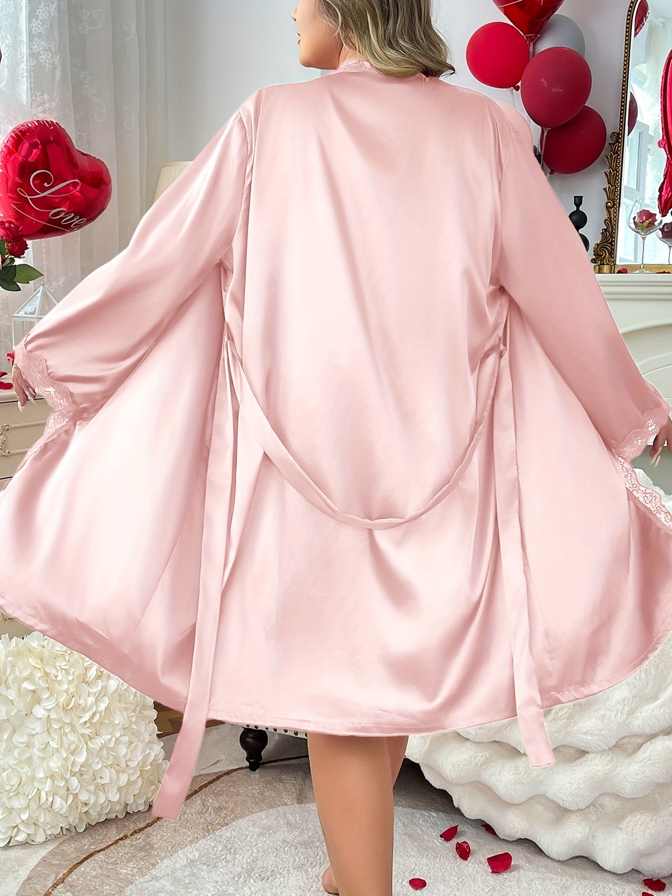 Graceful Plus Size Women's Faux Contrast Lace Nightgown Set with V-Neck, Side Slit and Long Sleeves