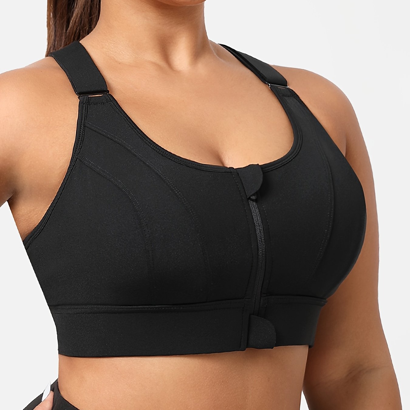 Women's Plus Size Black Sports Bra - Comfort Fit, Adjustable Straps, Front Zipper