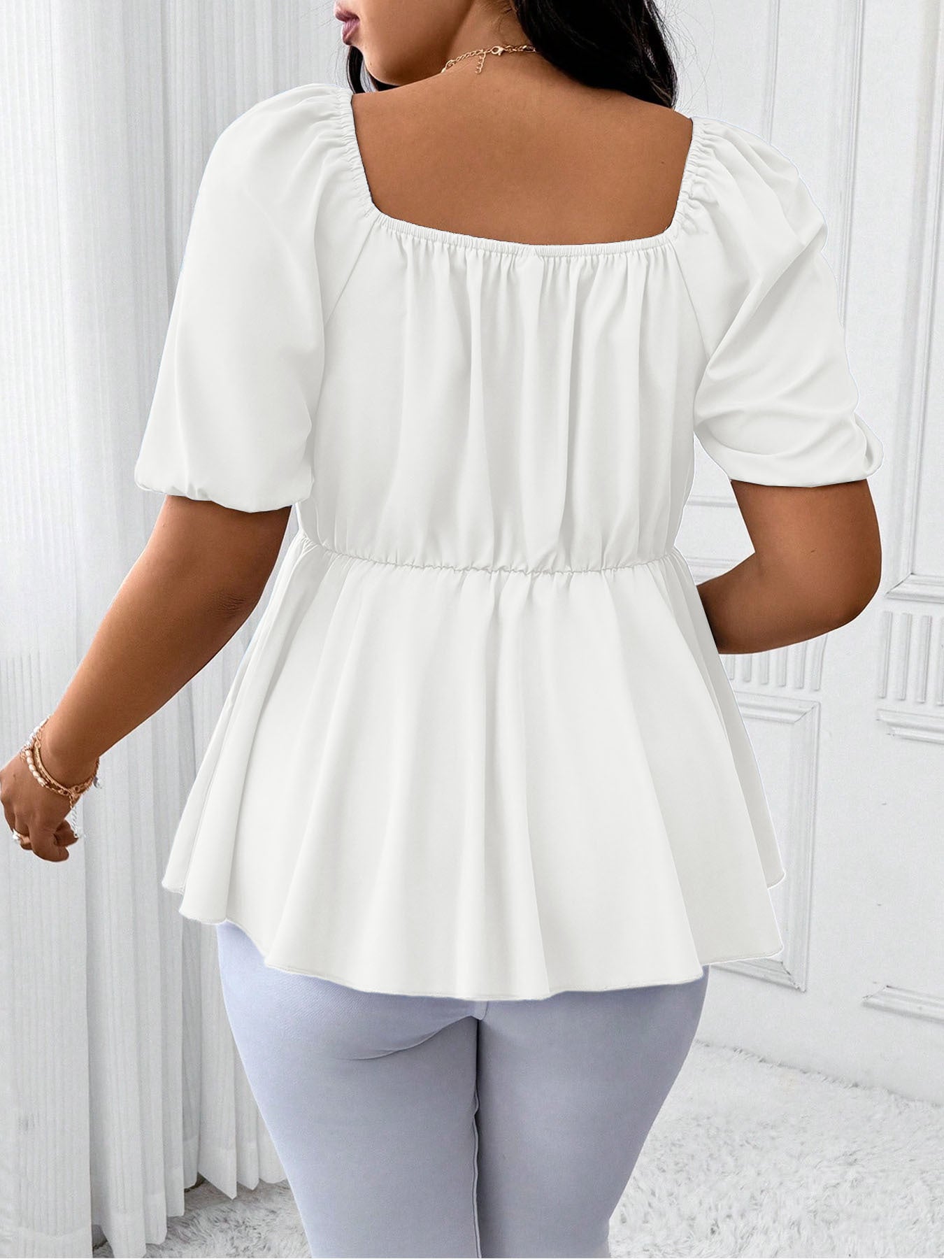 Elegant Plus Size Women's Deep V-Neck Blouse - Short Sleeve