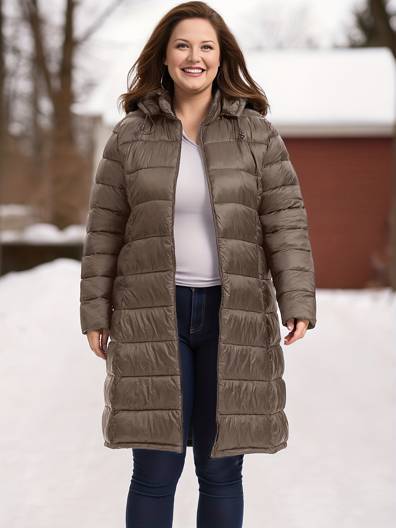 Plus Size Women's Elegant Burgundy Winter Coat with Hood - Long Jacket, Zippered Pockets & Detachable