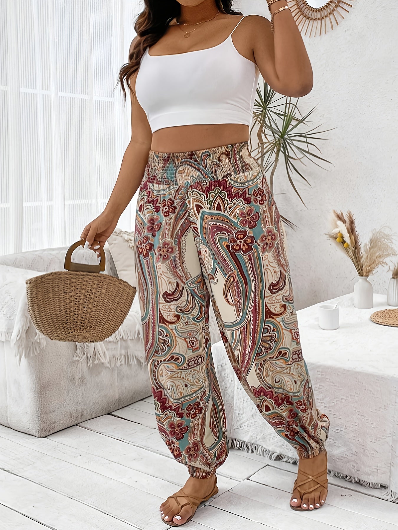 Women's Plus Size Tropical Print Loose Fit Pant