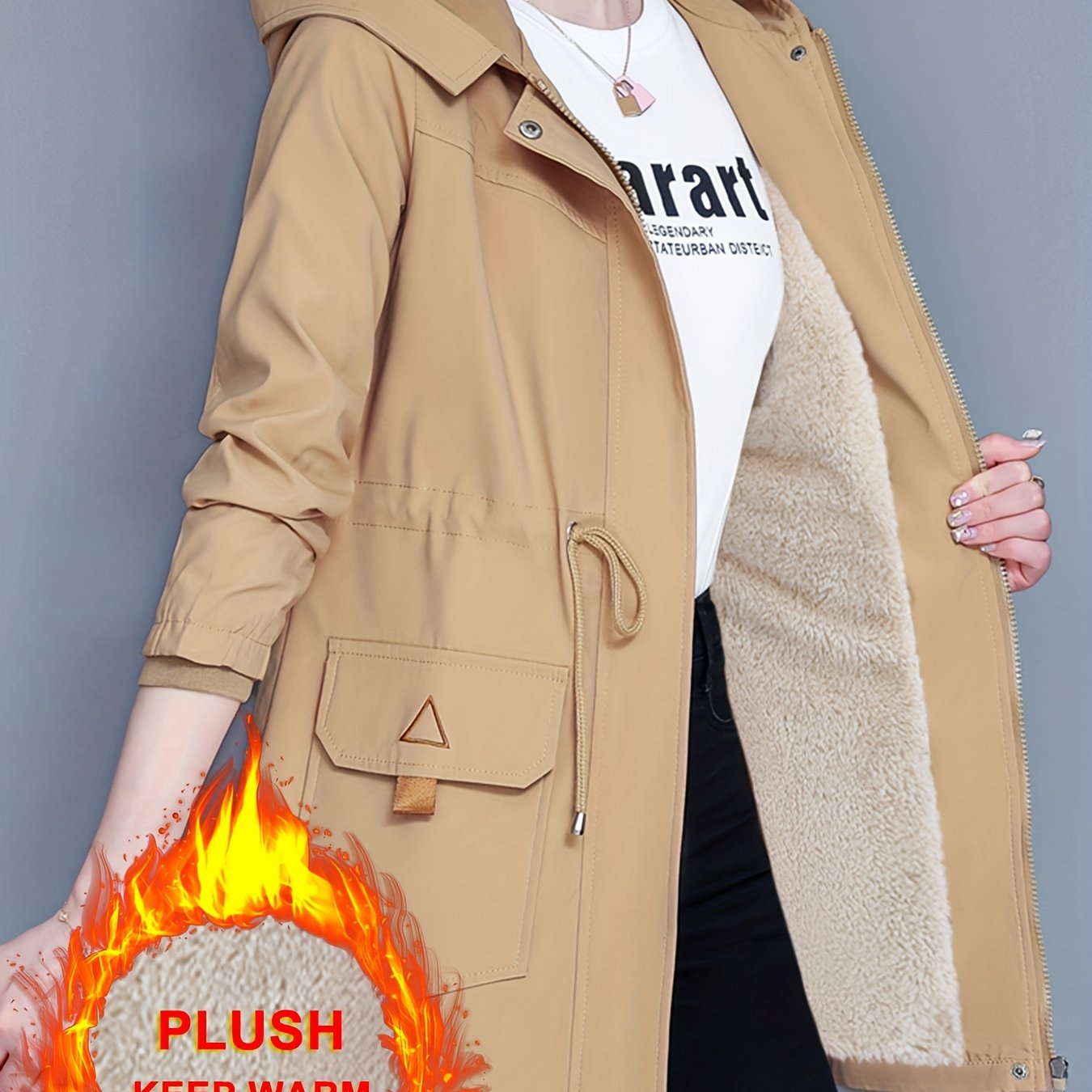 Kesixsty Women's Mid-Length Hooded Windbreaker Jacket with Plush Lining