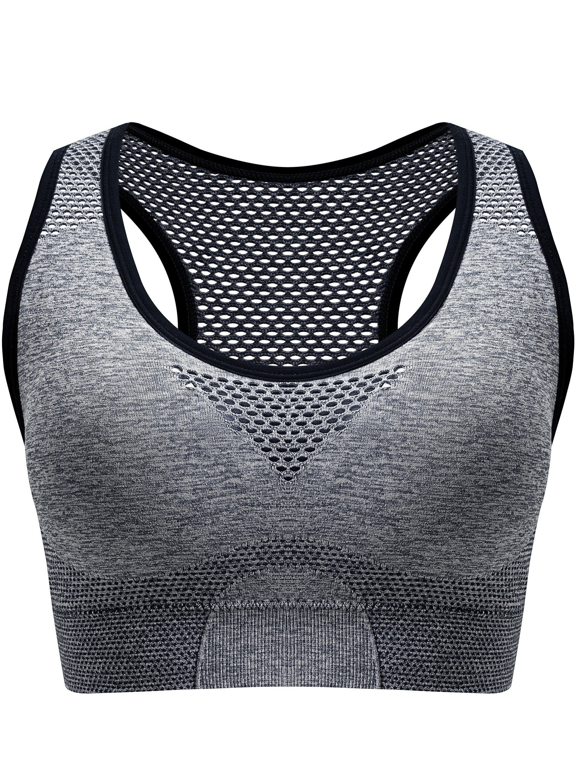 3pcs Plus Size Sports Bras, Polyamide Blend, Hollow Mesh Design, Low Support, Removable Padding, Crew Neck, Medium Stretch, Knit Fabric,