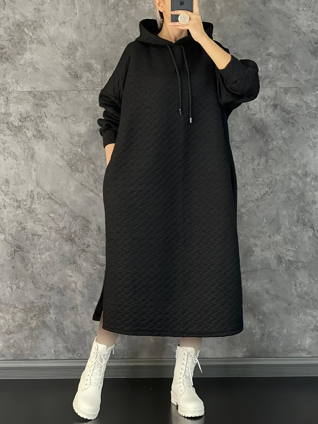 Women's Casual Hooded Long Sleeve Dress with Pockets - Solid Color