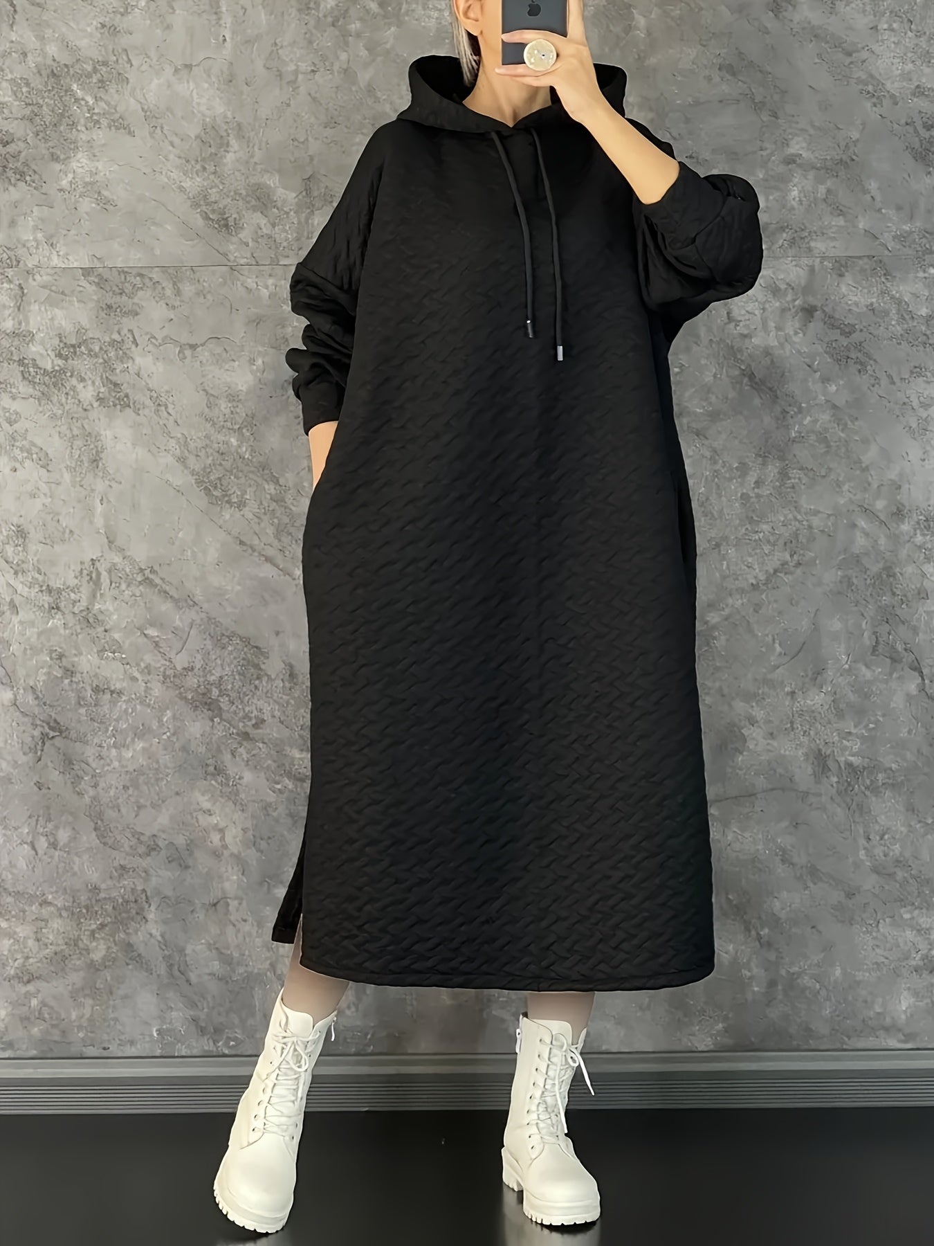 Women's Casual Hooded Long Sleeve Dress with Pockets - Solid Color