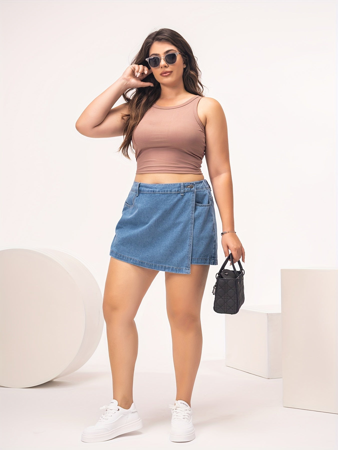 Women's Light Blue Denim Skort - Casual Style with Flap Pockets, Non-Stretch Fabric, Machine Washable, Perfect for Spring/Summer