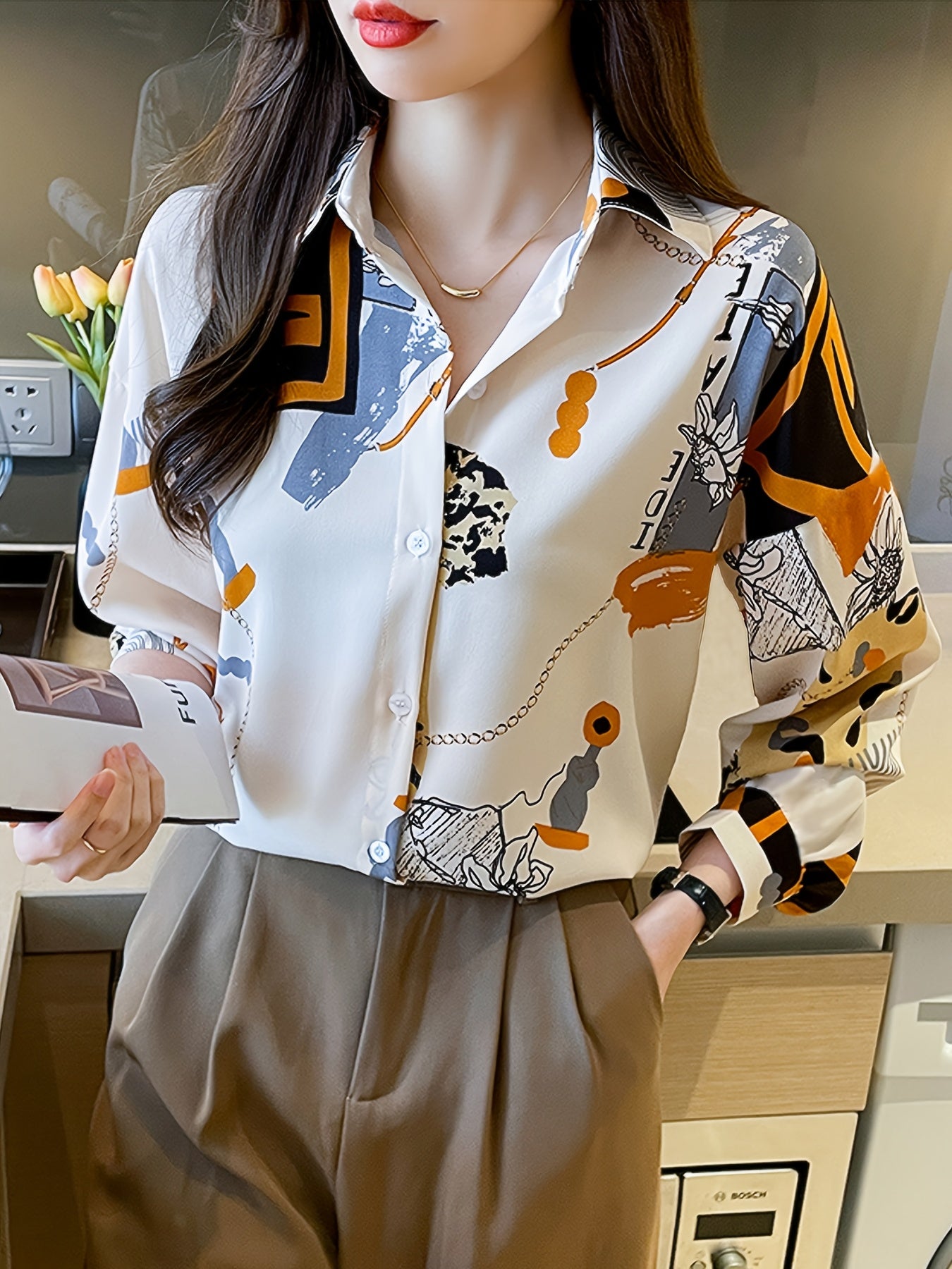 Polyester Women's Vintage-Inspired Long Sleeve Polo Collar Blouse