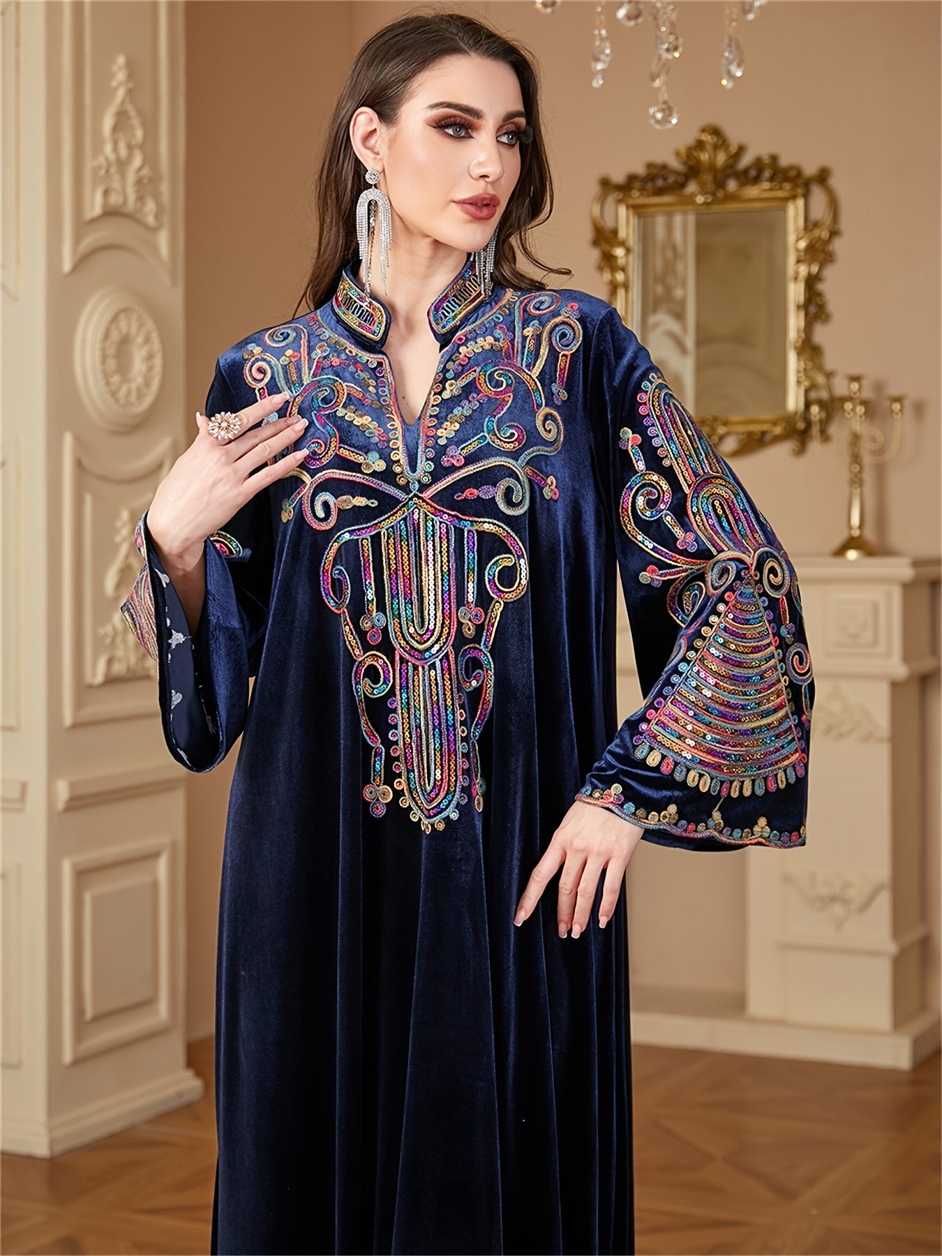 Women's Golden Velvet Abaya Kaftan - Floral Embroidery with Sequins, Long Sleeve Modest Dress