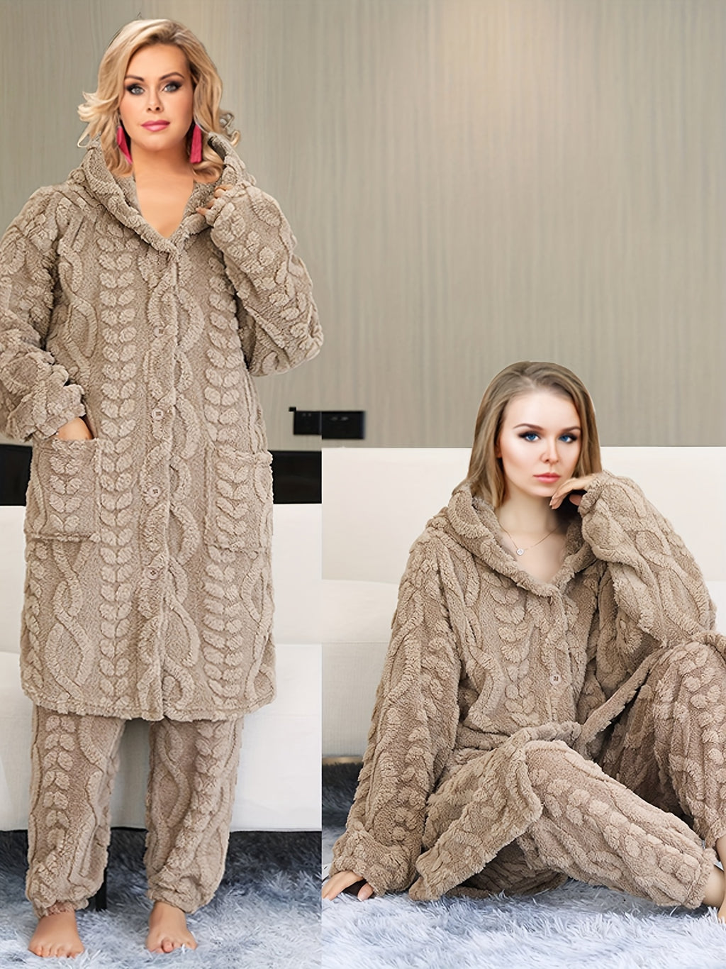 Thick Flannel Pajama Set for Women & Men - Winter Hooded Thermal Sleepwear with Front Button Placket