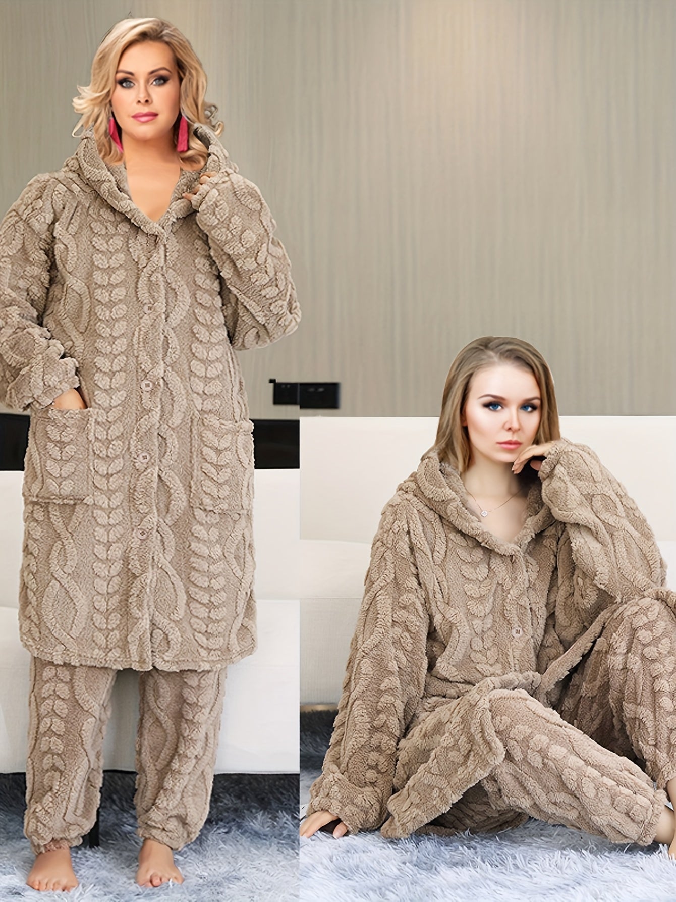 Thick Flannel Pajama Set for Women & Men - Winter Hooded Thermal Sleepwear with Front Button Placket