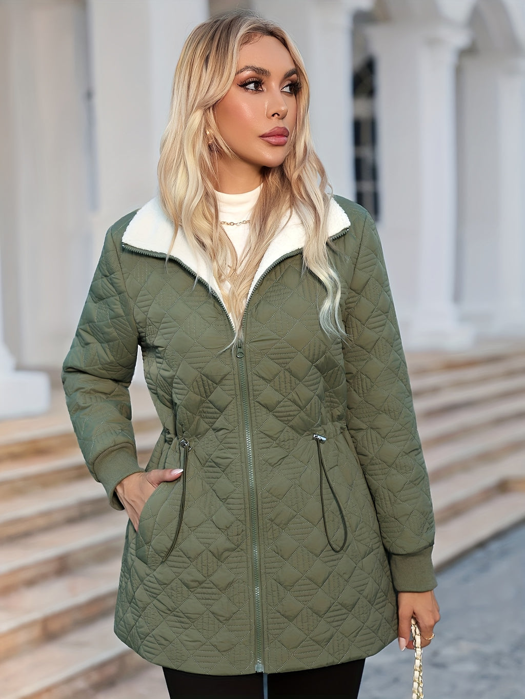 Women's Elegant Winter Jacket - Long Sleeve Zip-Up Coat with Full-Zip Front Closure, Non-Stretch Fabric