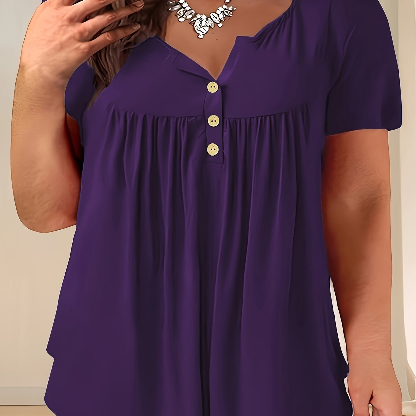 Women'S Plus Size Casual Buttoned Pleated T-Shirt, Summer Knit Fabric Top, Crew Neck, Solid Color, Slight Stretch, Oversized Pullovers,