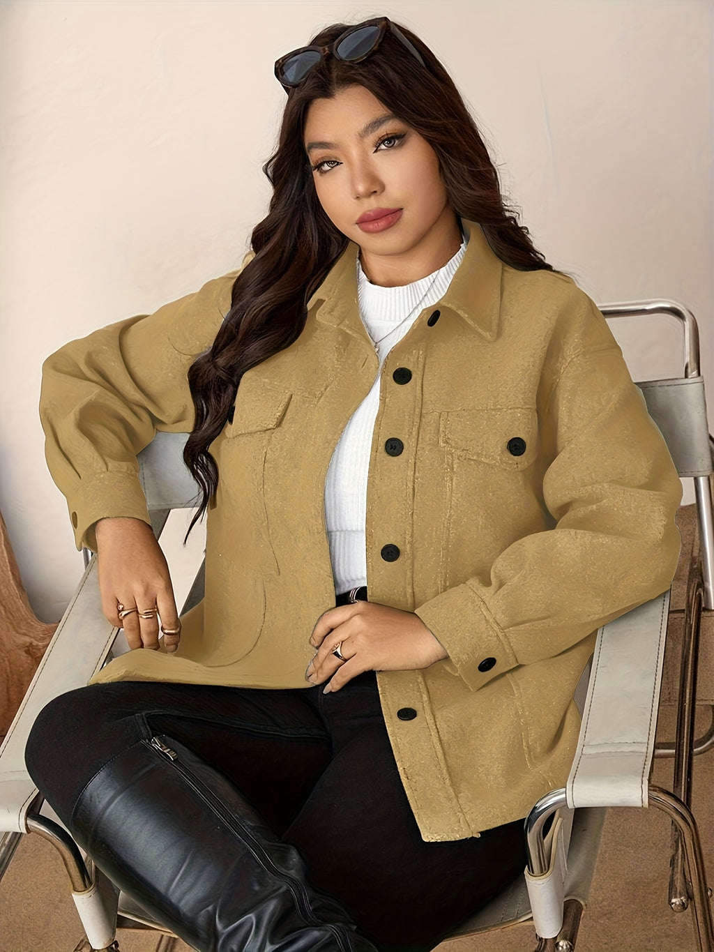 Plus Size Women's Casual Drop Shoulder Flap Pocket Shirt Mid-Weight