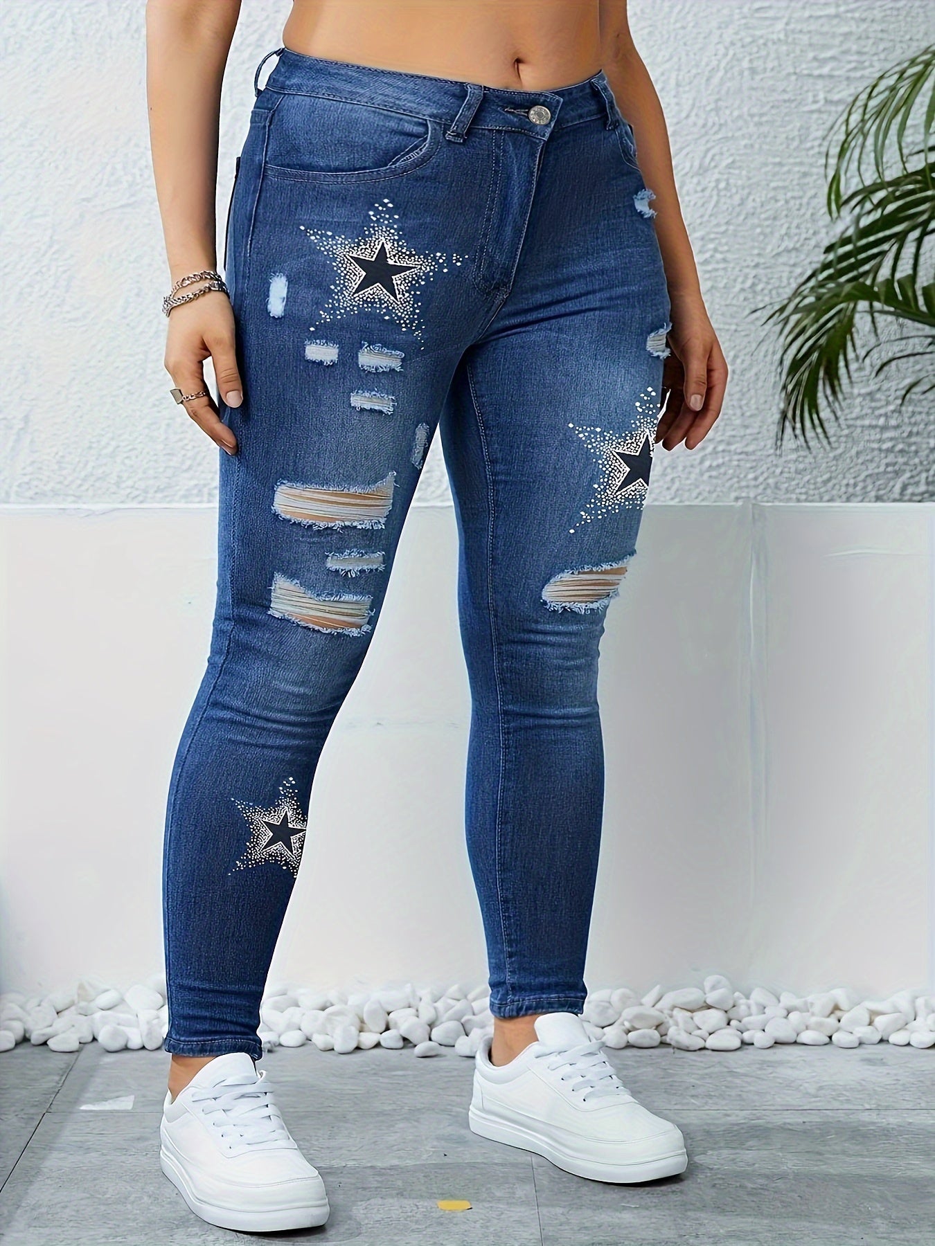 Women's High-Waist Star Print Distressed Jeans