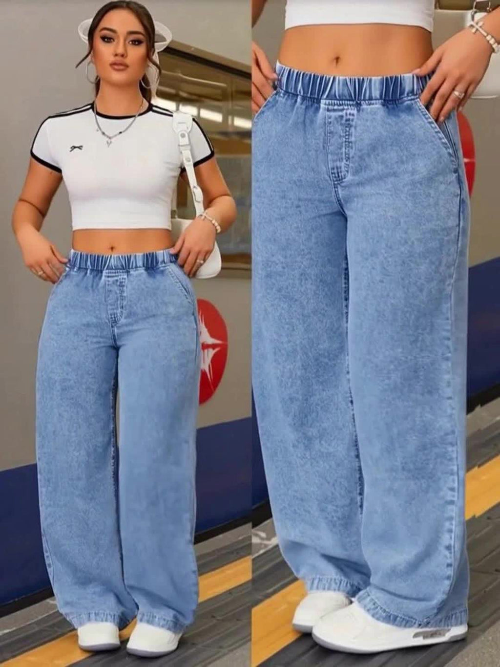 Women's Plus Size Wide Leg Full-Length Pants with Elastic Waist - Non-Stretch Washed