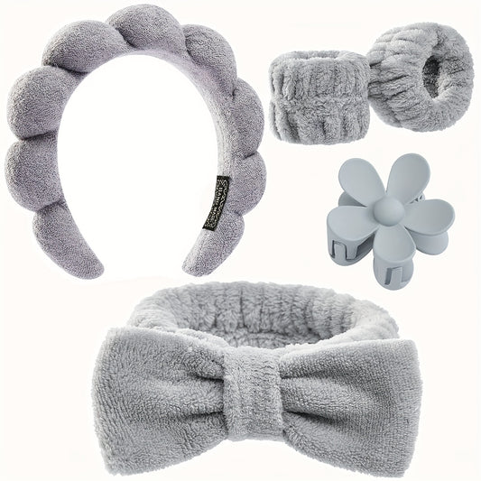 [Spa Headband Set] 5pcs Spa Headband & Skincare Headbands | Flower Claw Clips Set for Women, Terry Cloth Towel Head Band, Sponge Make Up Hair Band, Face Wash Wristband, Large Flowers Hair Clip Set