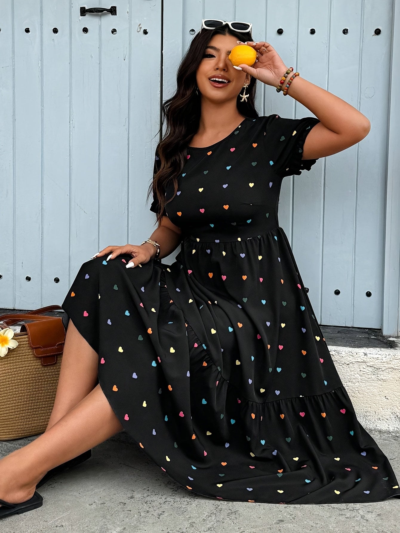 Women's Round Neck Short Sleeve Heart Print Dress