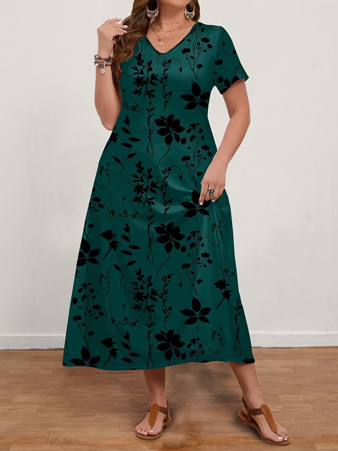 Women's Casual Vintage Floral Print V-Neck Short Sleeve Dress