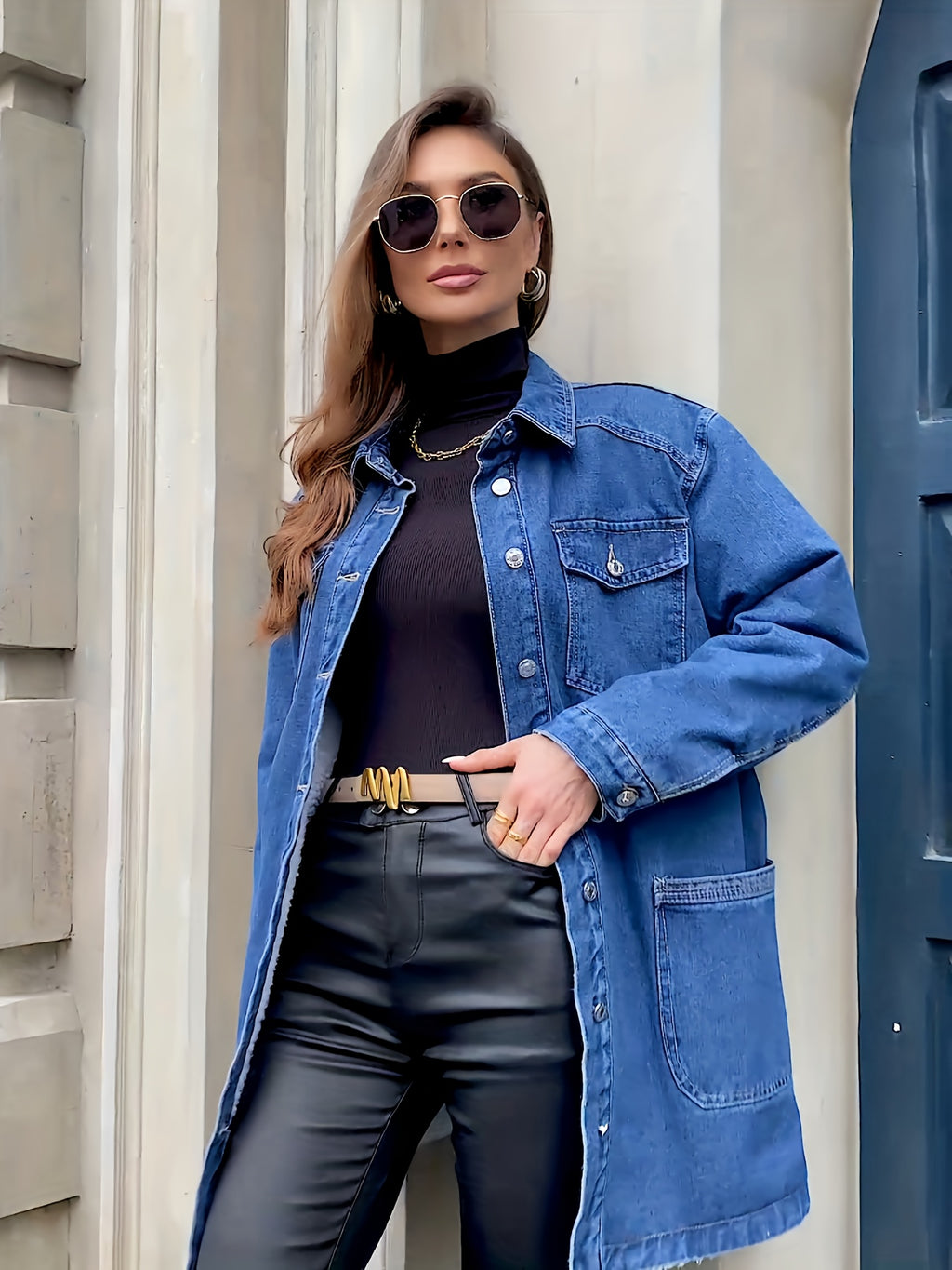 Morin's Elegant Heavy-Duty Mid-Length Denim Jacket with Golden-Tone Hardware & Multiple Chest Pockets