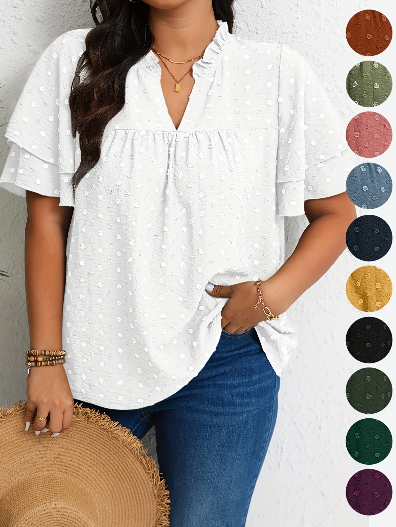 Plus Size Women's Casual V-Neck Blouse with Ruffled Short Sleeves