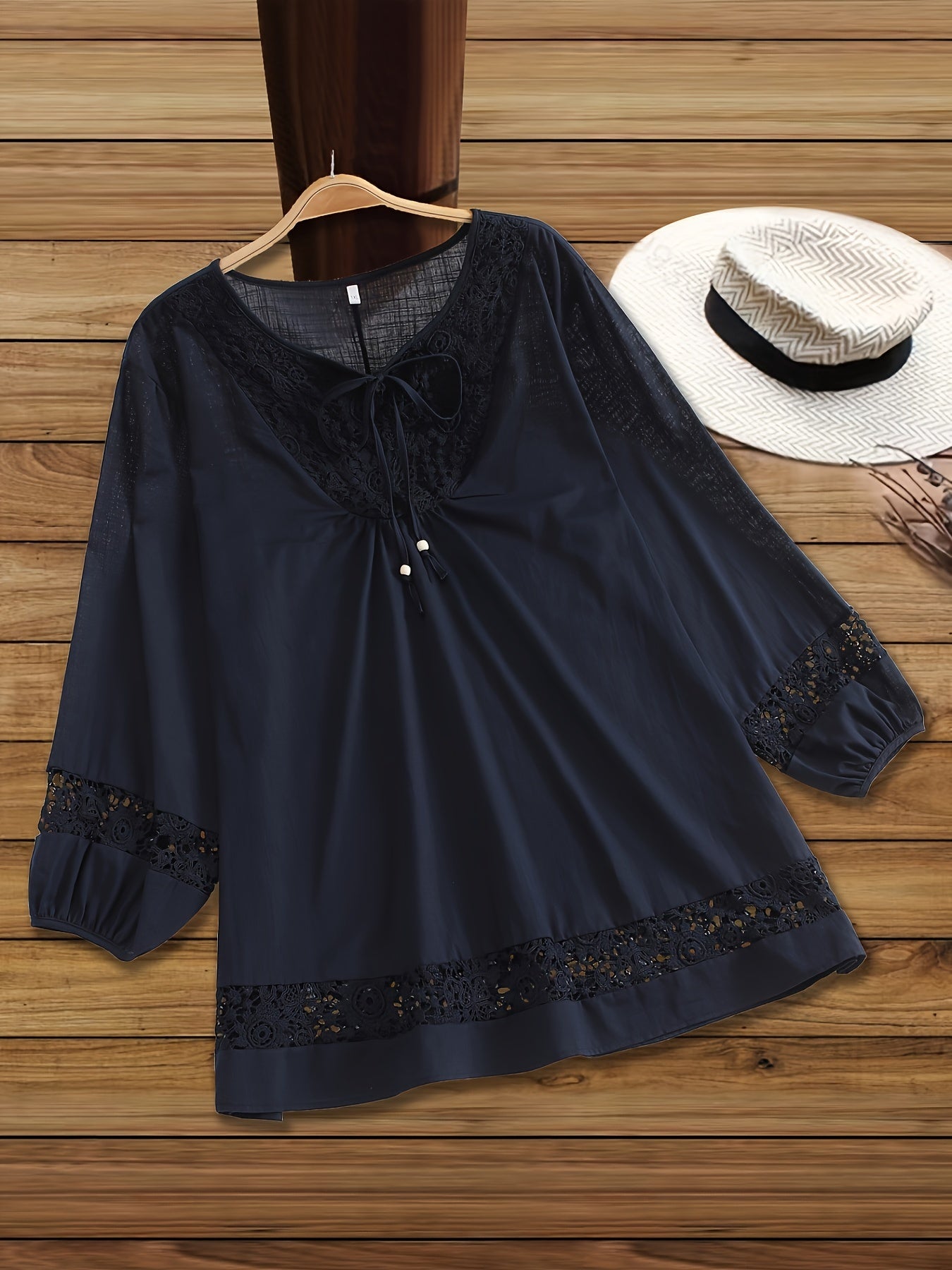 Casual Tie-neck 3/4 Sleeve Blouse For Spring, Women's Plus Size