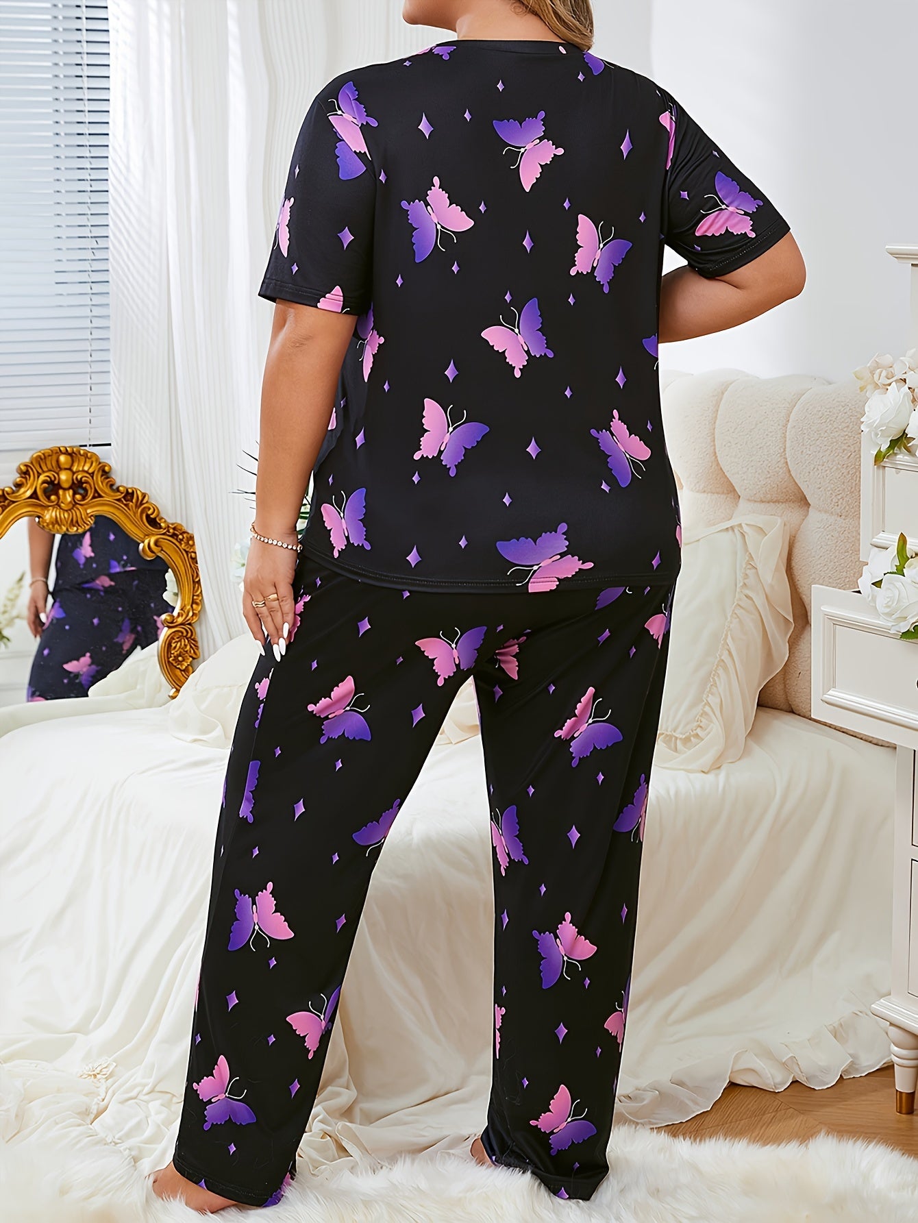 Women's Plus Cute Pajama Set, Plus Size Star & Butterfly Print Short Sleeve Crew Neck T-shirt & Pants Pajama 2 Piece Set