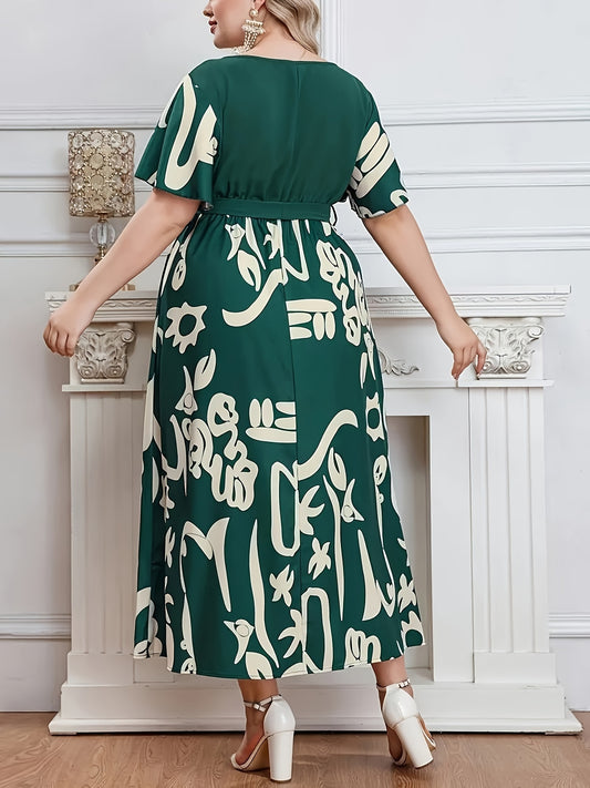 Elegant Short Sleeve V Neck Longline Dress With Belt