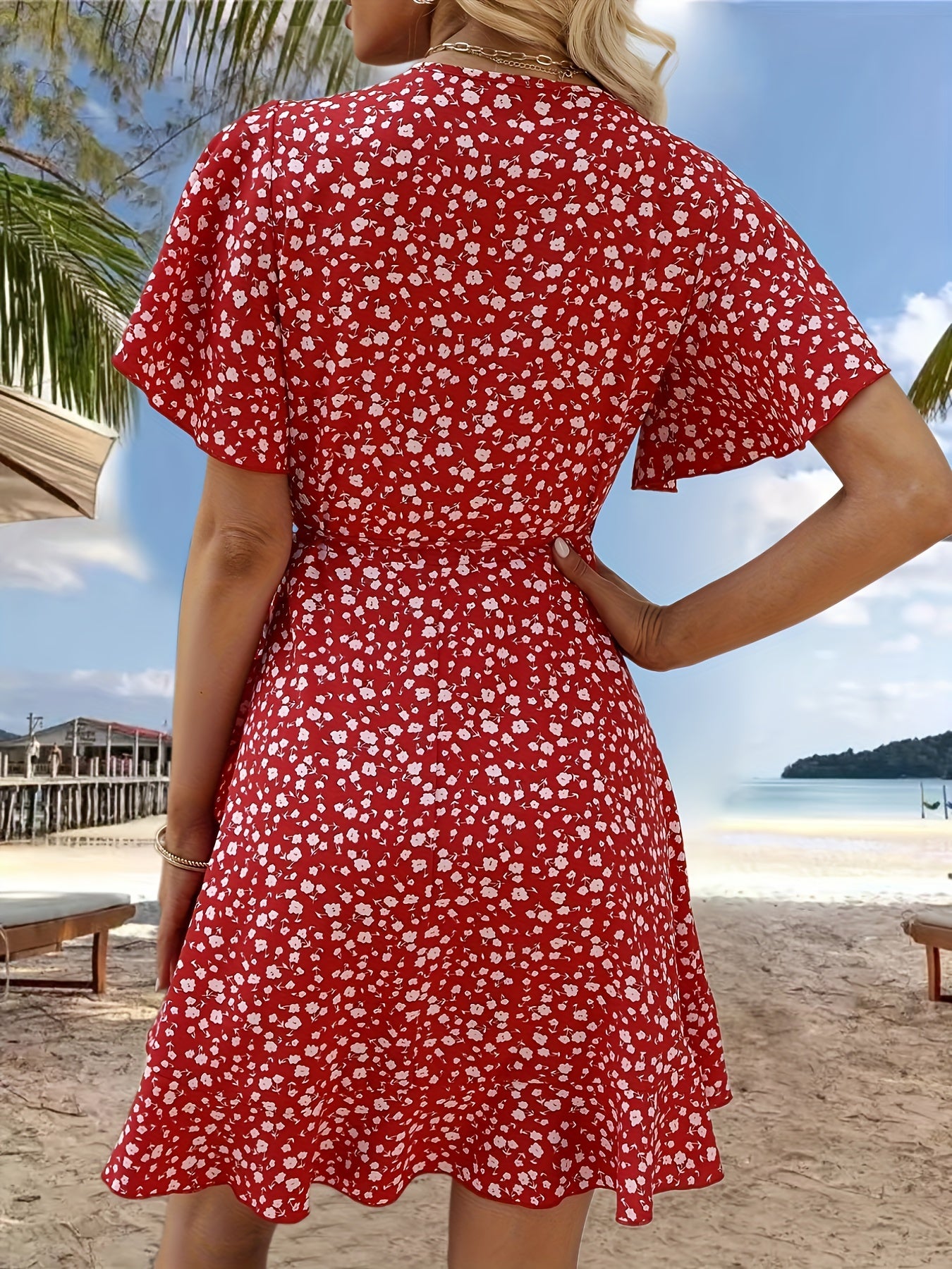 Cross Neck Ruffled Sleeve Dress