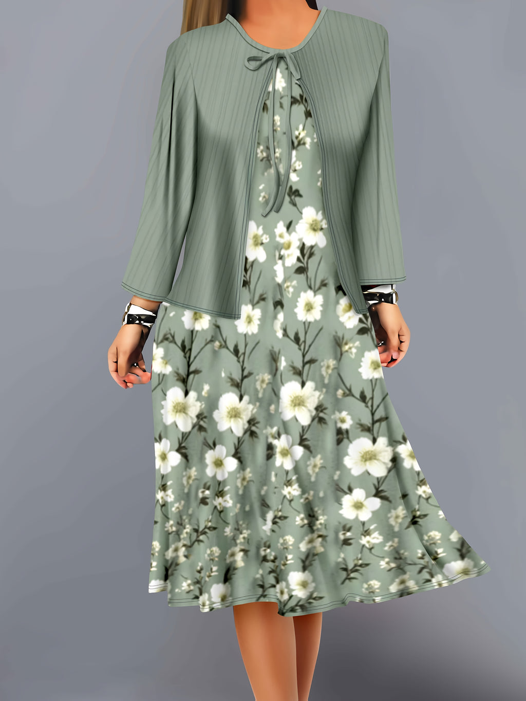A two-piece set of solid-color striped small cardigan and floral printed dress for fashionable women