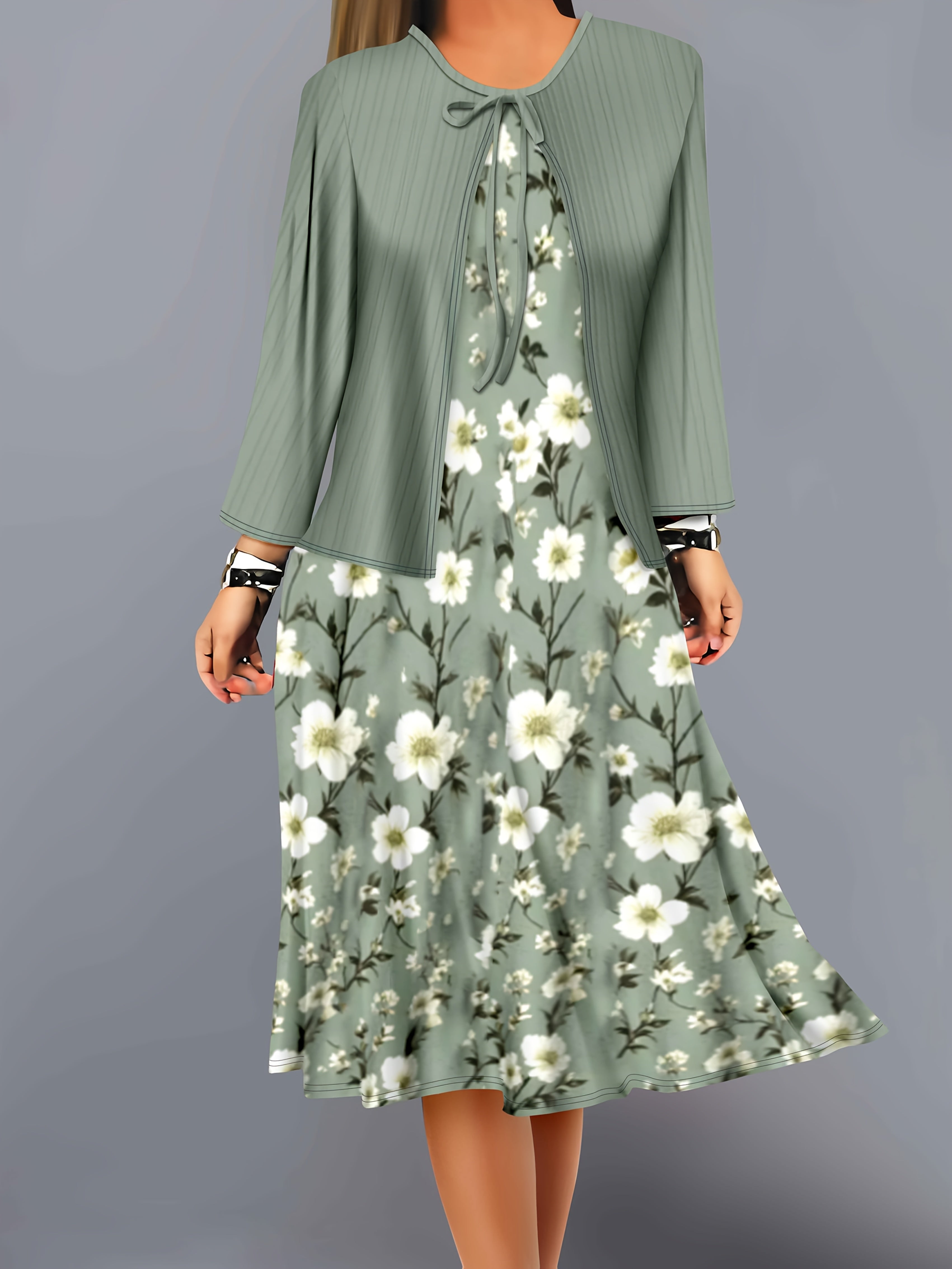 A two-piece set of solid-color striped small cardigan and floral printed dress for fashionable women