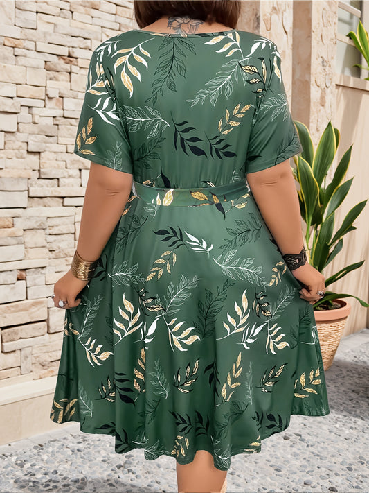 Plus Size Elegant Leaf Print Midi Dress, Short Sleeve