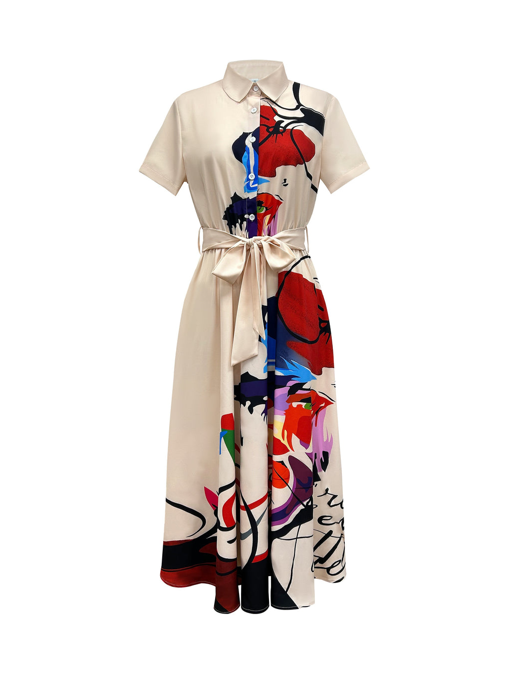 Charming Floral Print Dress - Stylish Button Front, Short Sleeve Collar Design