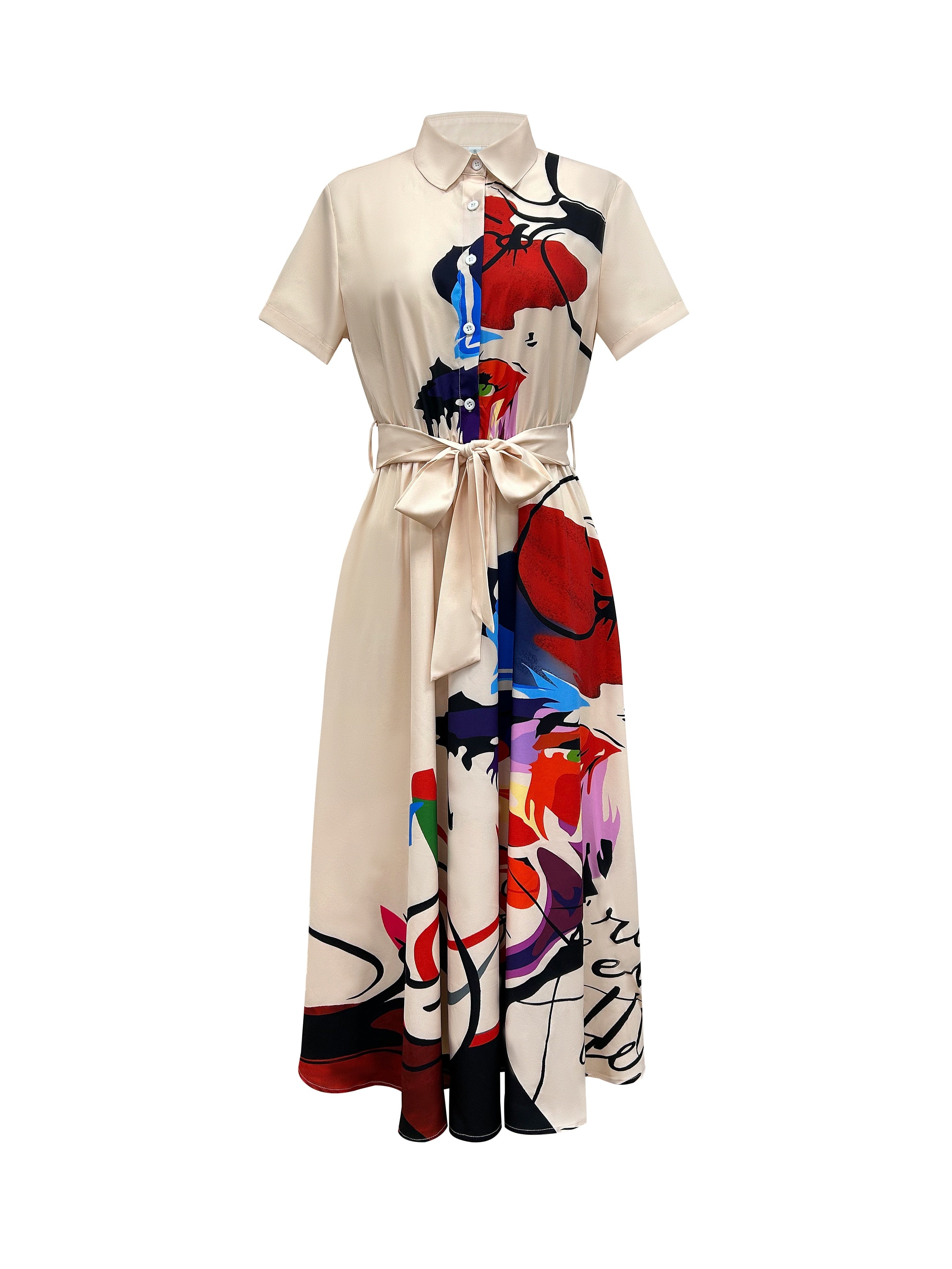 Charming Floral Print Dress - Stylish Button Front, Short Sleeve Collar Design