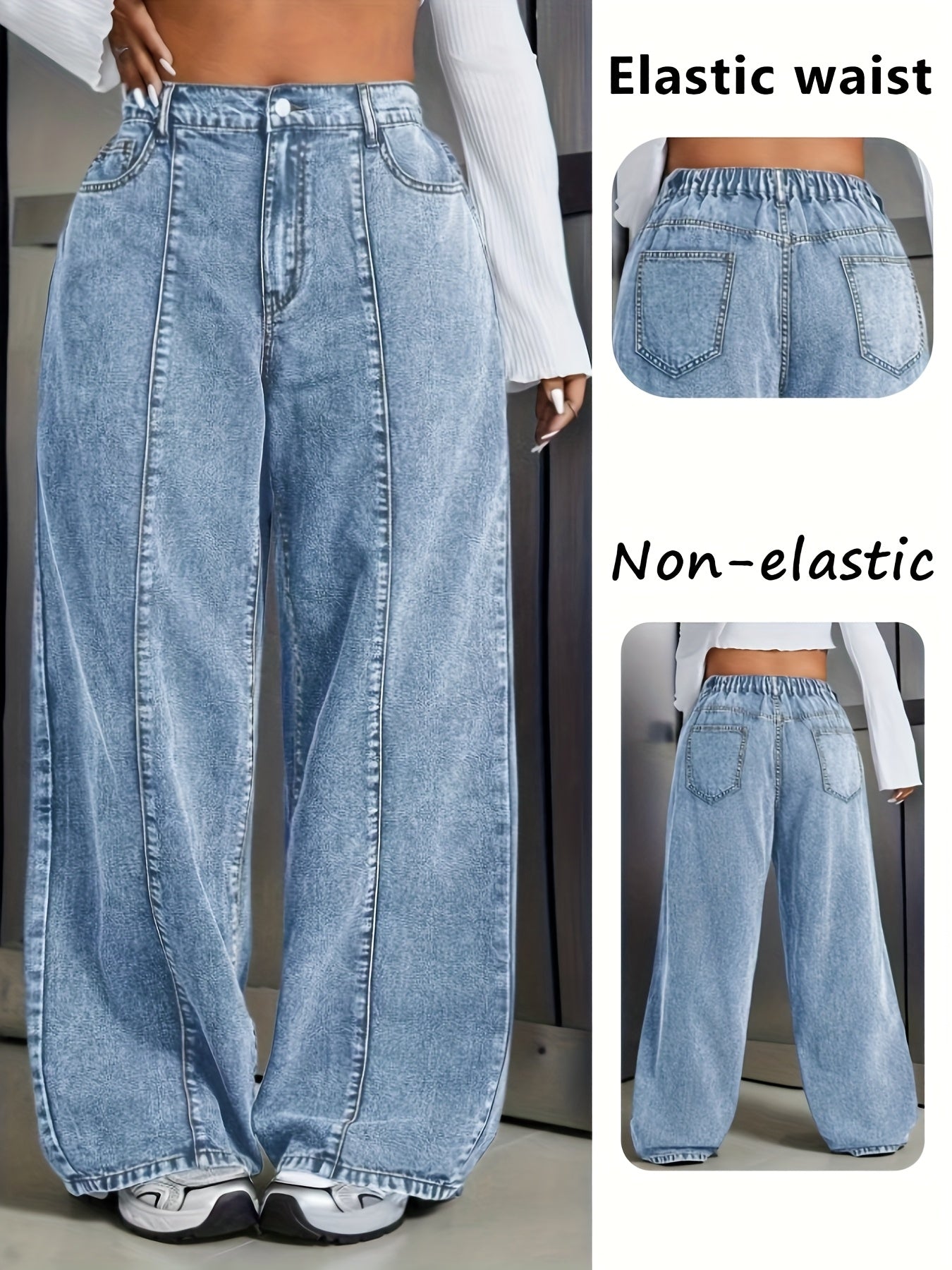 Women's Plus Size Wide-Leg Jeans - Non-Stretchy Vintage Washed Blue Jeans