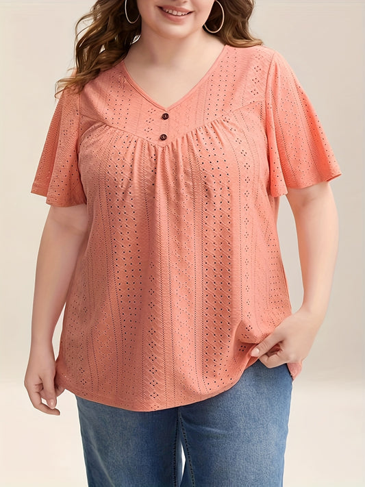 Plus Size Women's Elegant V-Neck Top with Faux Buttons