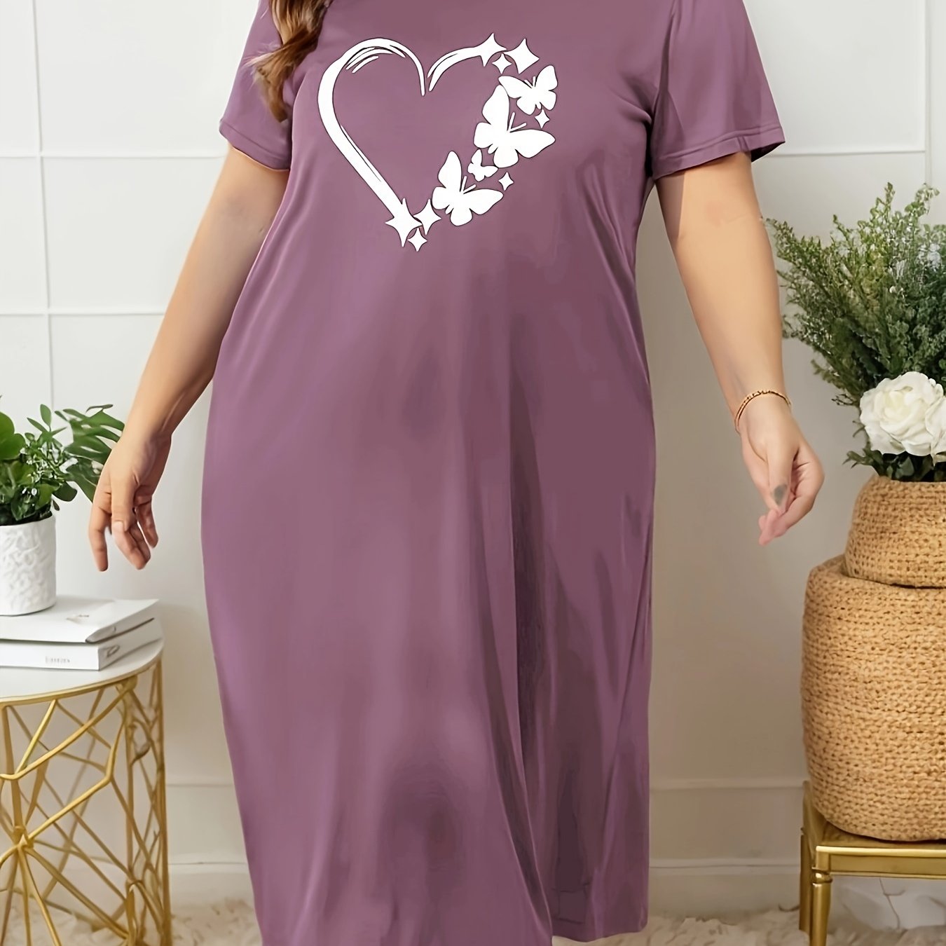Women's Plus Casual Lounge Dress, Plus Size Butterfly & Heart Print Short Sleeve Crew Neck Sleep Dress