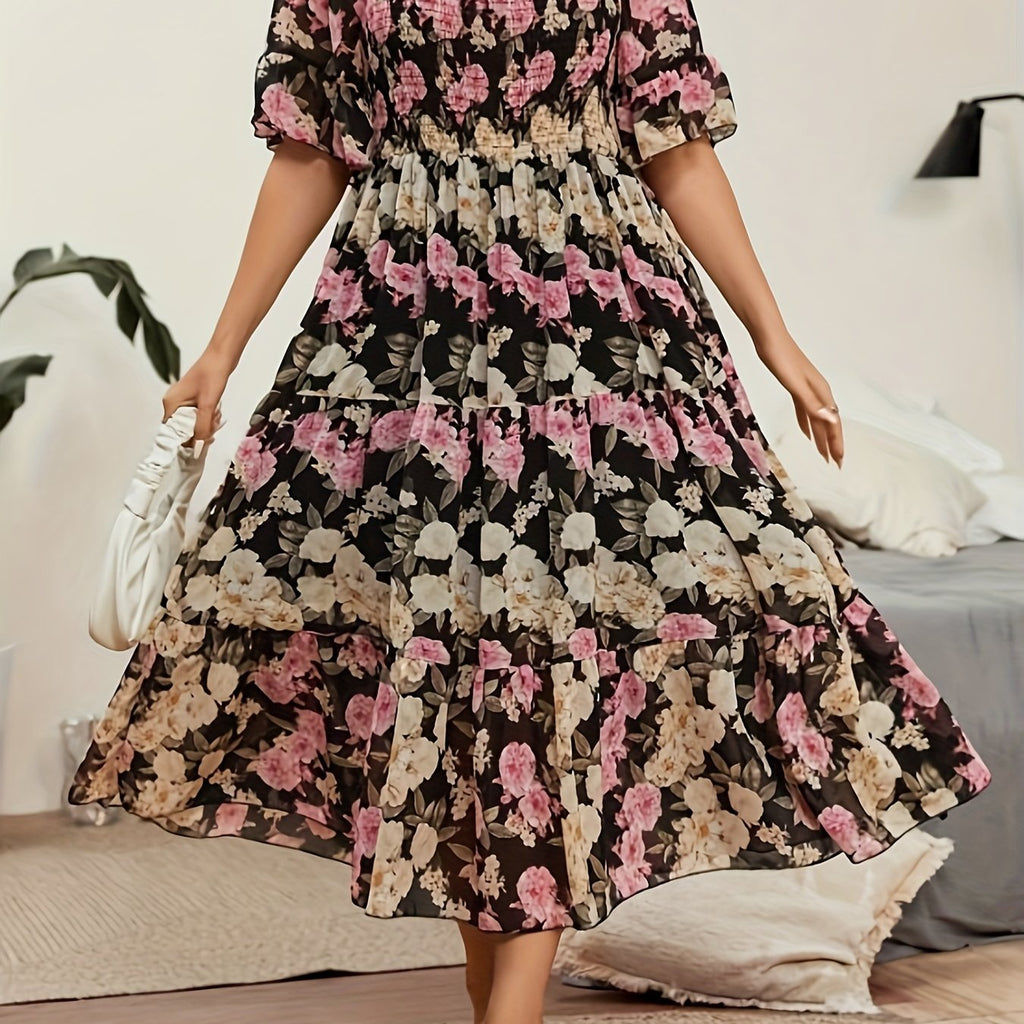 Plus Size Floral Print Chiffon Dress - Loose Fit