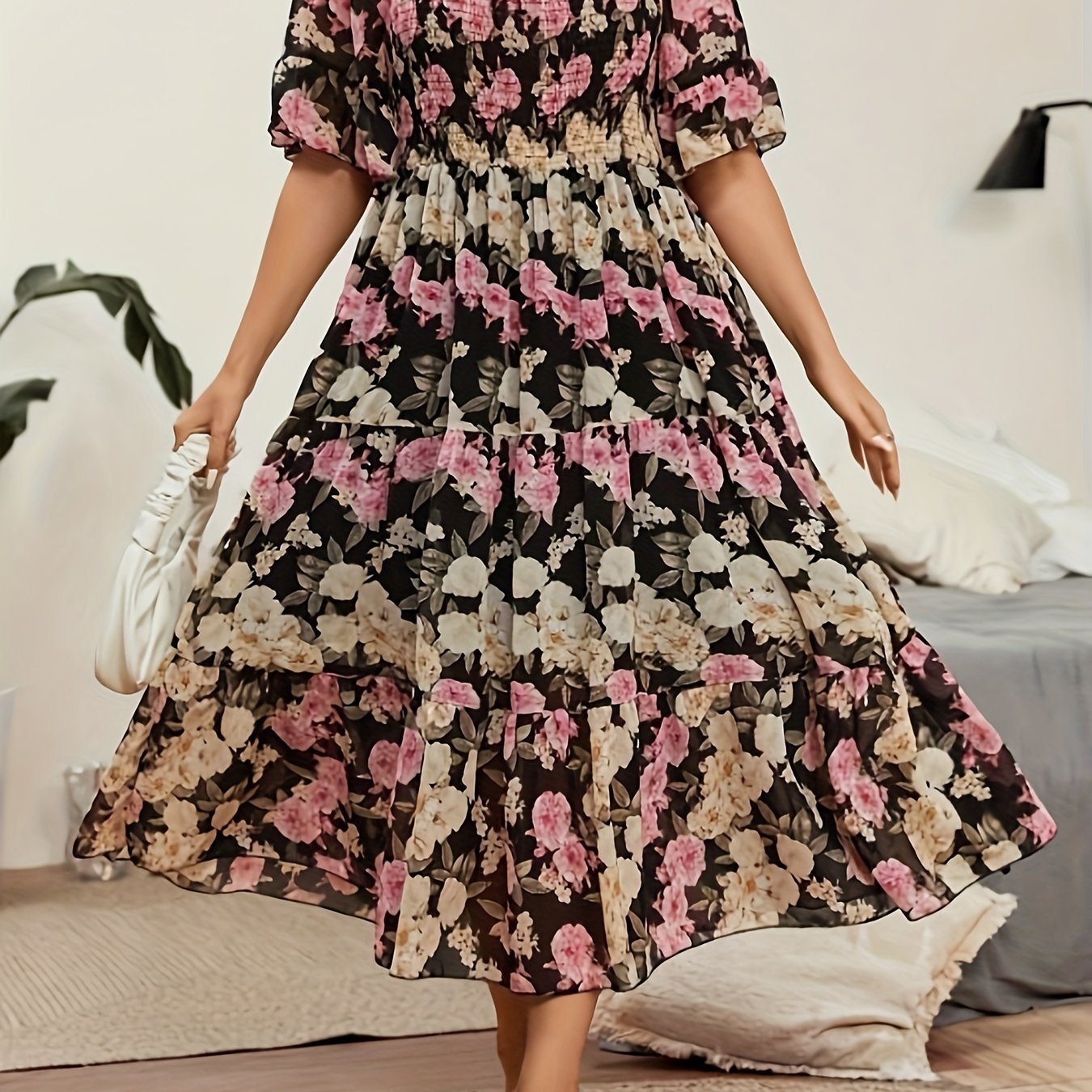 Plus Size Floral Print Chiffon Dress - Loose Fit