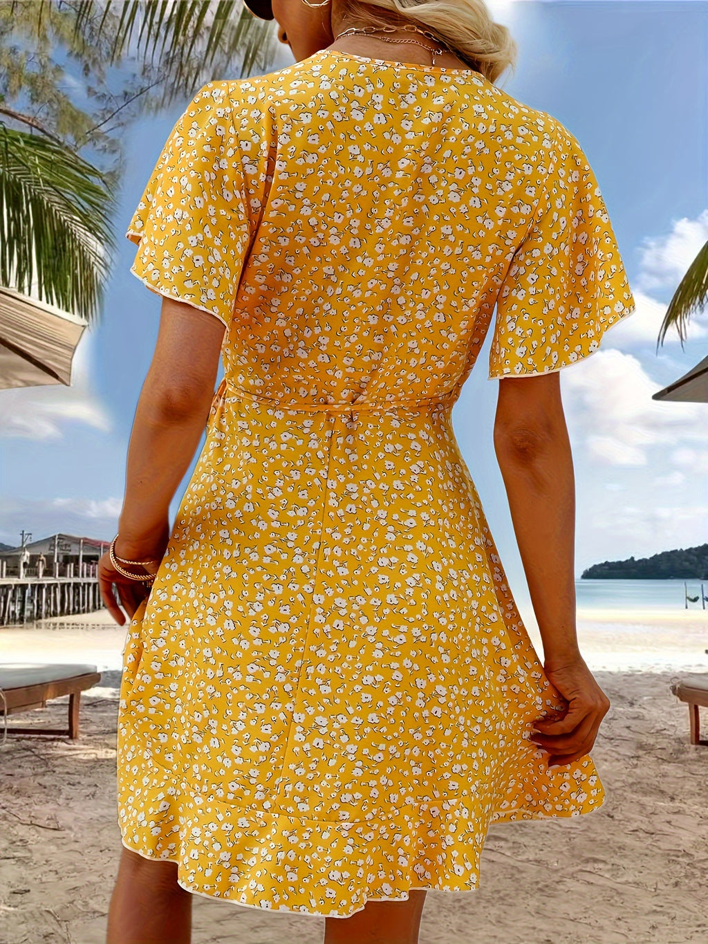 Cross Neck Ruffled Sleeve Dress