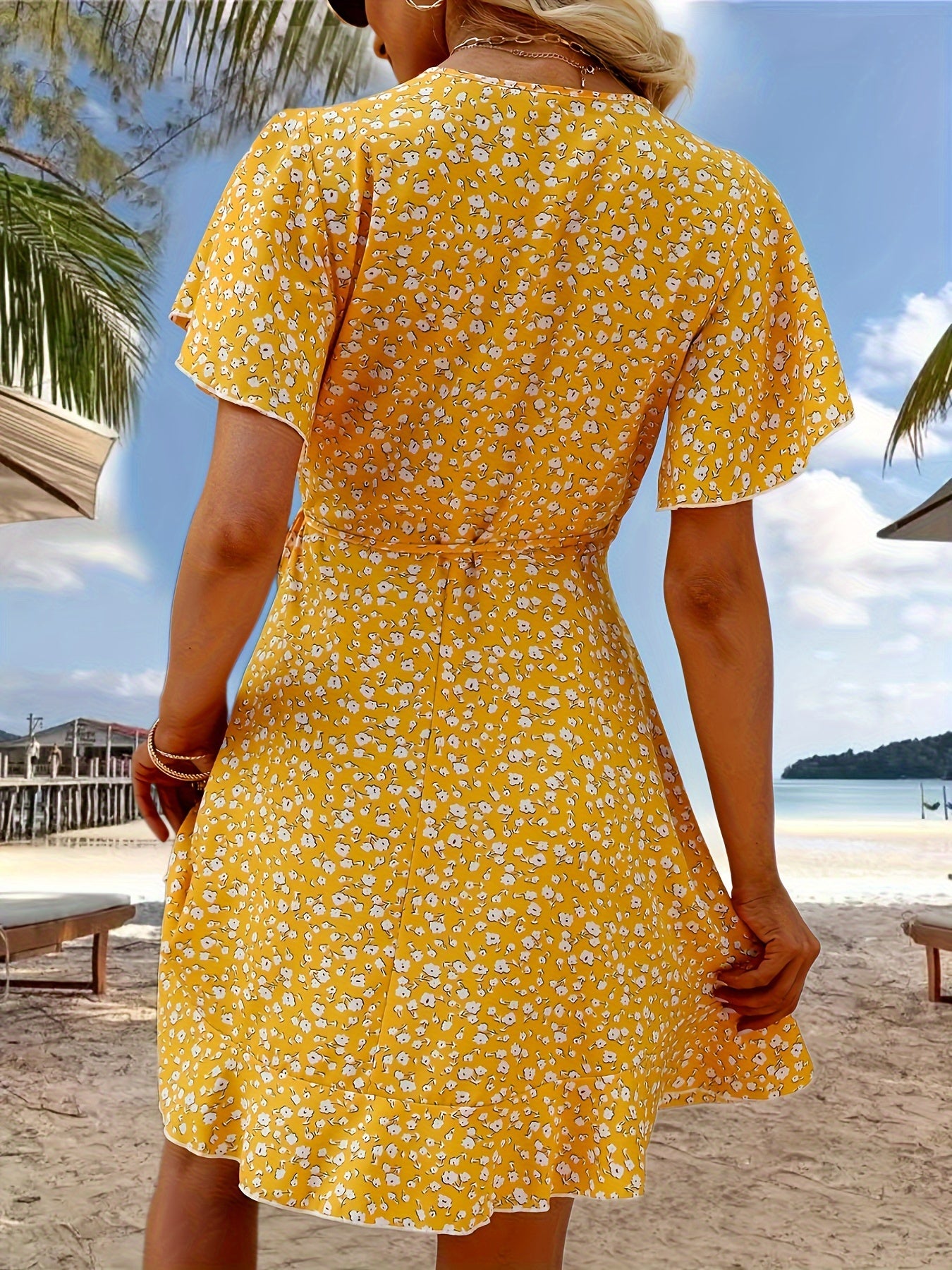 Cross Neck Ruffled Sleeve Dress