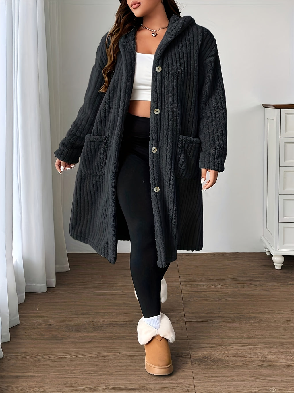 Plus-Size Women's Hooded Long-Sleeve Plush Coat