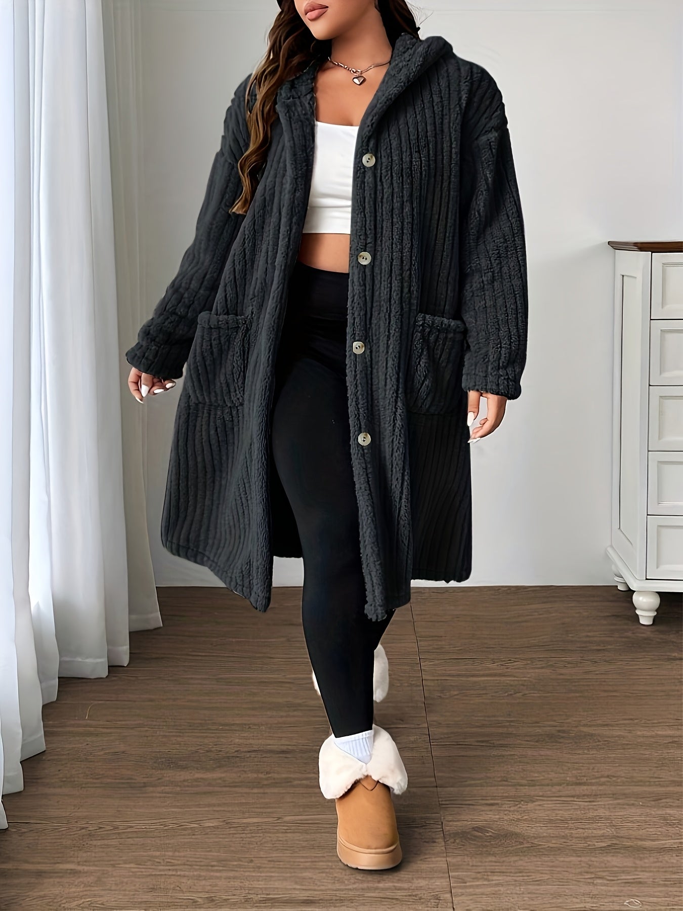 Plus-Size Women's Hooded Long-Sleeve Plush Coat