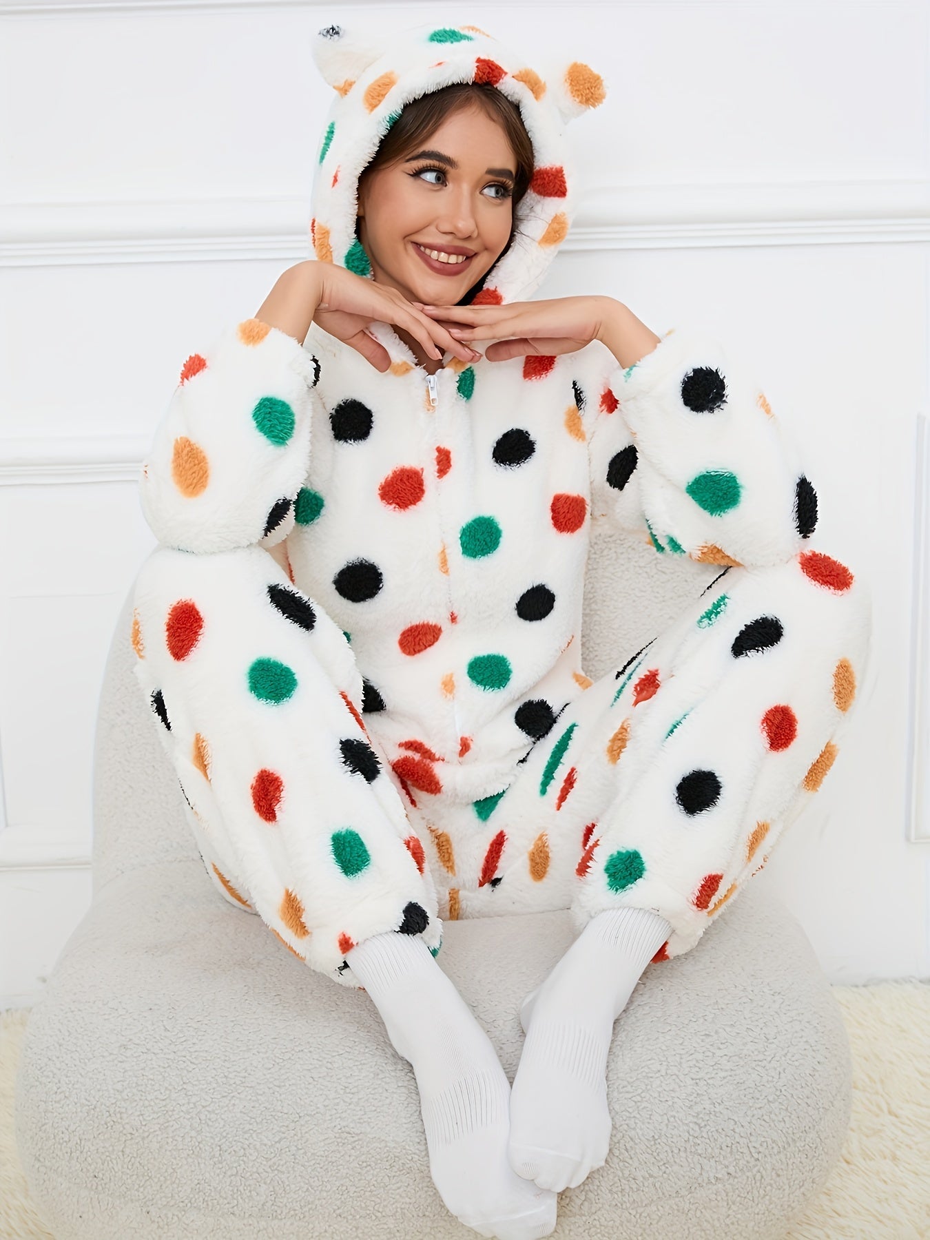 Bear Pattern Zip Up Hooded Fuzzy Jumpsuit, Elegant Long Sleeve Jumpsuit For Fall & Winter