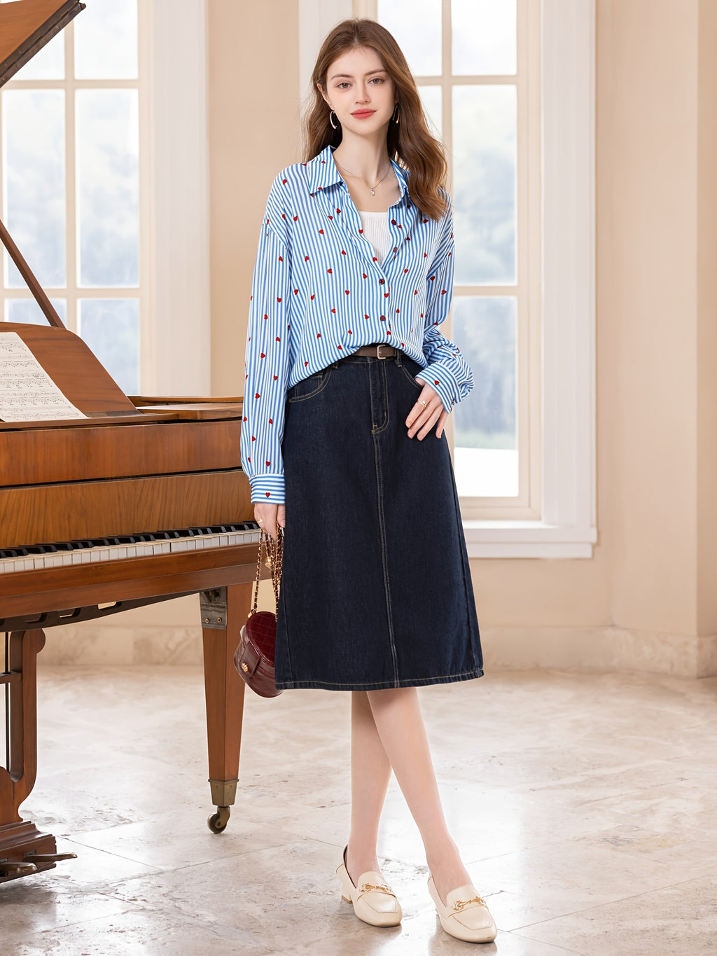 Color Block Striped Heart Shirt, New Autumn Women's Turn- Collar Long Casual Loose Blouse T51Z0133C