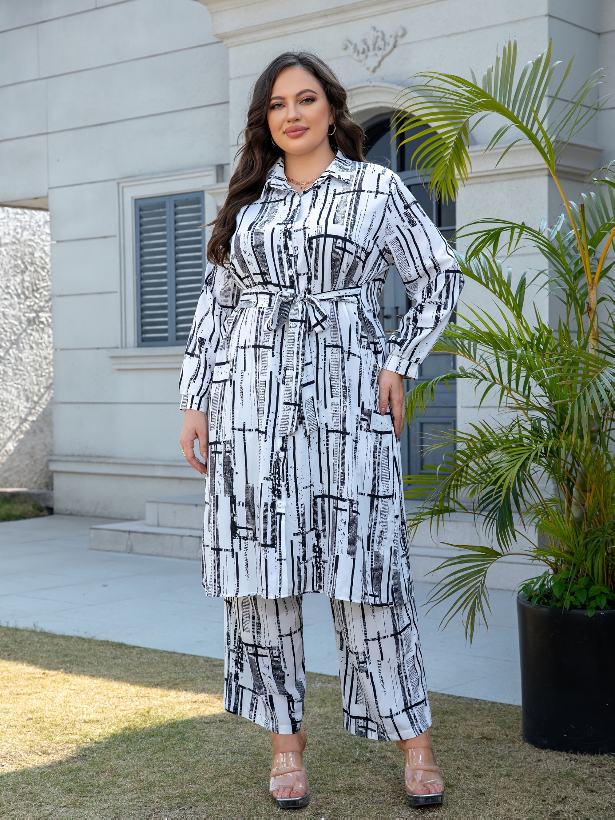 Plus Size Long Sleeve Shirt and Pants Set with Floral Print